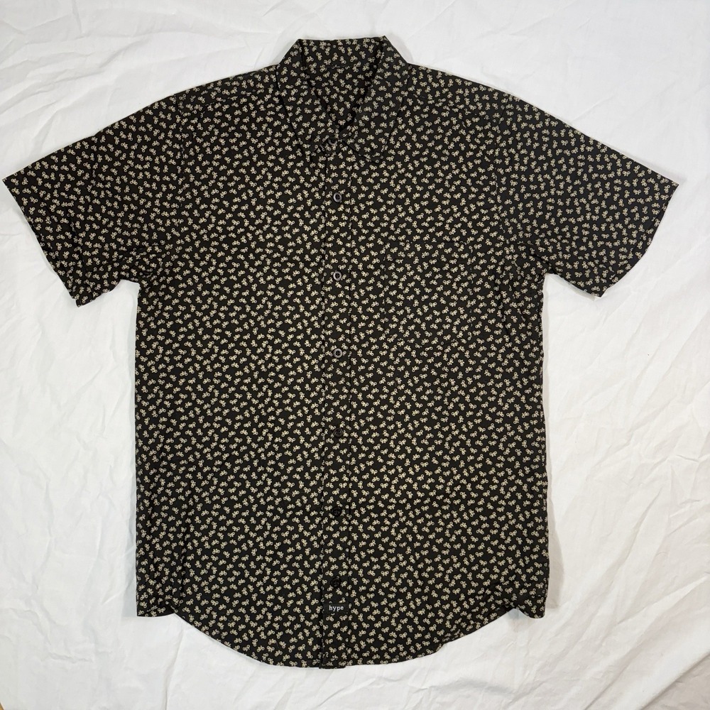 Hype Bicycle Print Button Up Shirt Mens Small Black Tan Short Sleeve Streetwear